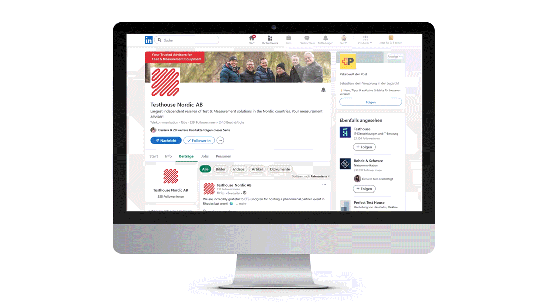 Animiertes Visual eines Desktop-Monitors mit dem LinkedIn Unternehmensprofil von Testhouse Nordic AB. Der sichtbare Profilbereich zeigt das Testhouse Nordic Logo, ein Titelbild mit mehreren Personen und Beiträge des Unternehmensaccounts.