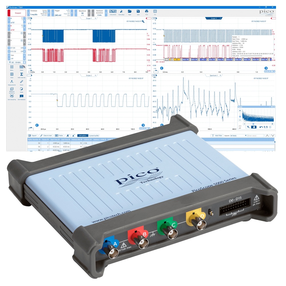 Pico USB oscilloscope for PC, MSO, 4 + 16-channel, 200 MHz