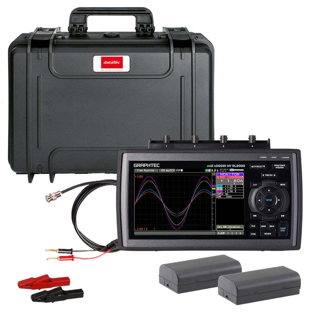 Graphtec Complete data logger set GL2000-EU with 2x battery, case, alligator clips, BNC cable (GL2000-EU kit)