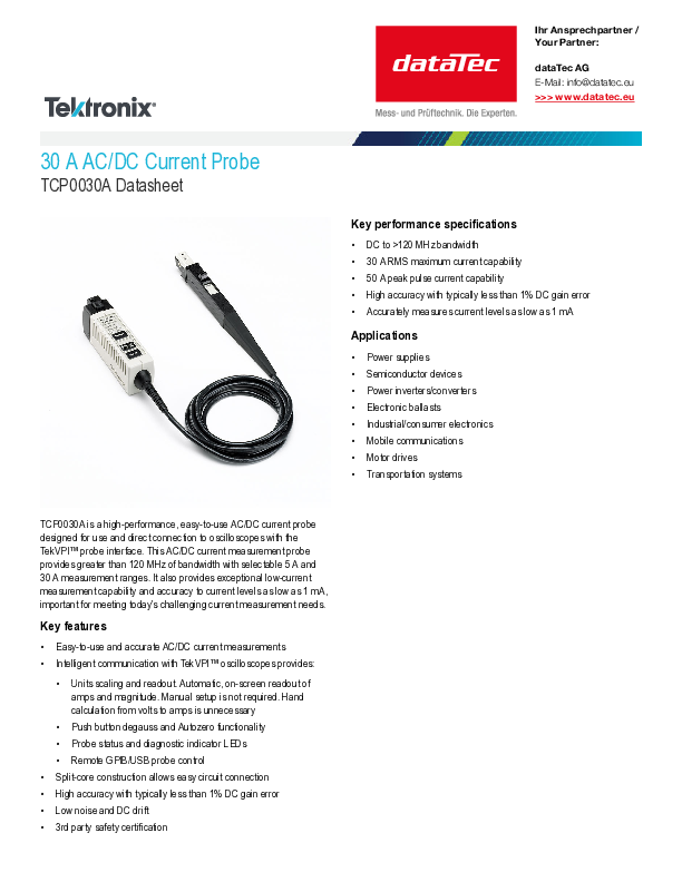 TCP0030A | AC / DC current probe, 5 A and 30 A, bandwidth DC to