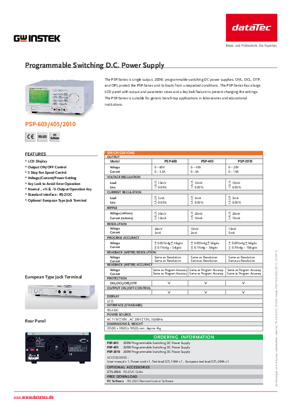 GW-INSTEK PSP-2010 200 W, 0-20 V, 0-10 A, Programmable GW-INSTEK PSP-2010 200 W, 0-20 V, 0-10 A, Programmable