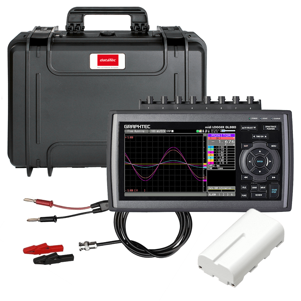 Graphtec Complete data logger set GL980-EU with 2x battery, case, alligator clips, BNC cable (GL980-EU kit)