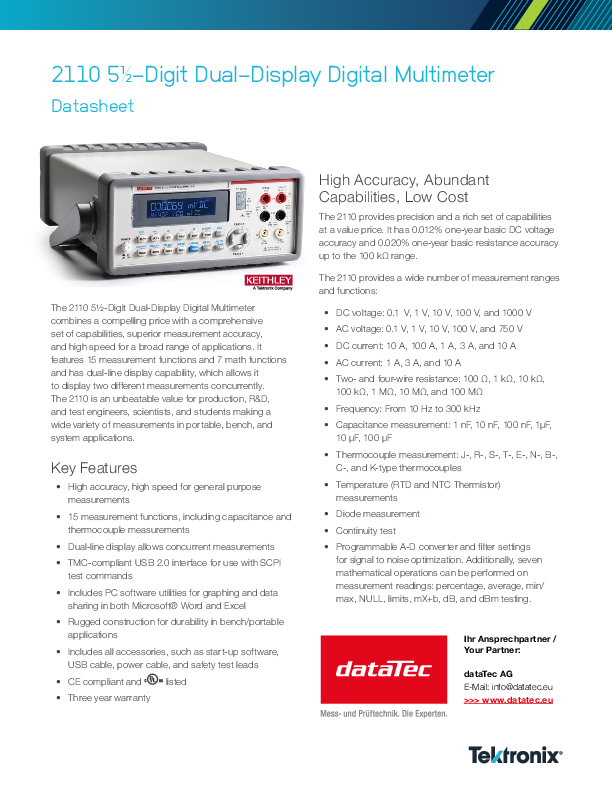 2110-100 | 5 ½-digit USB digital multimeter, 2110 series, with