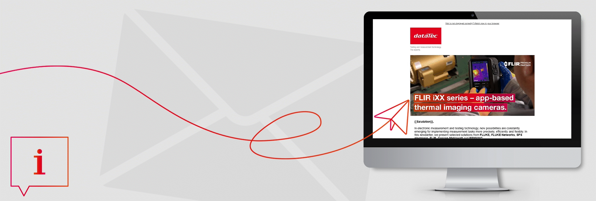 Header-Grafik zur dataTec Newsletter-Anmeldung mit rotem Linienpfeil, Info-Symbol und Desktop-Monitor. Auf dem Bildschirm ist ein dataTec Newsletter mit Logo und englischem Inhalt dargestellt.
