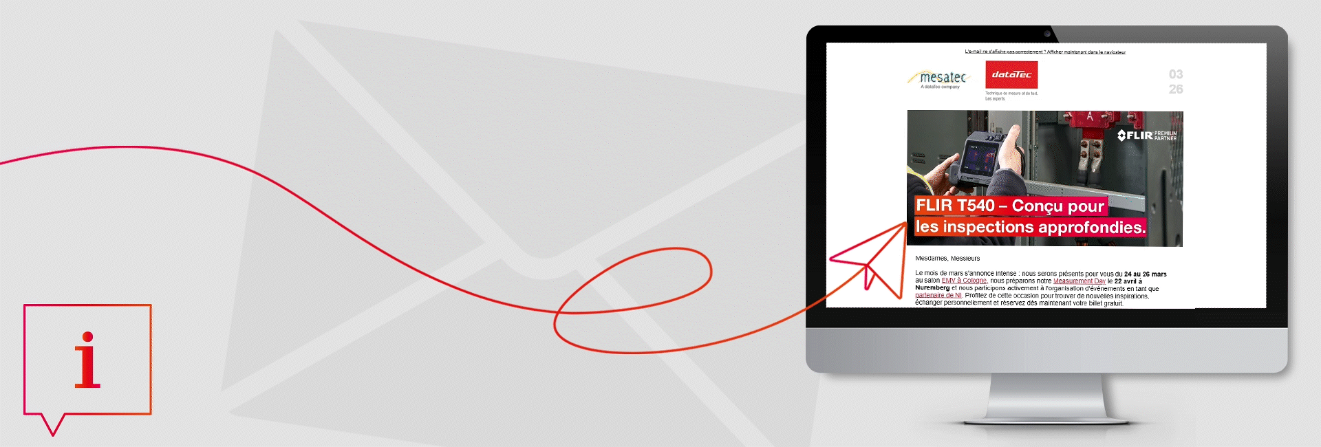 Header-Grafik zur dataTec Newsletter-Anmeldung mit rotem Linienpfeil, Info-Symbol und Desktop-Monitor. Auf dem Bildschirm ist ein dataTec Newsletter mit Logo und französischem Inhalt dargestellt.